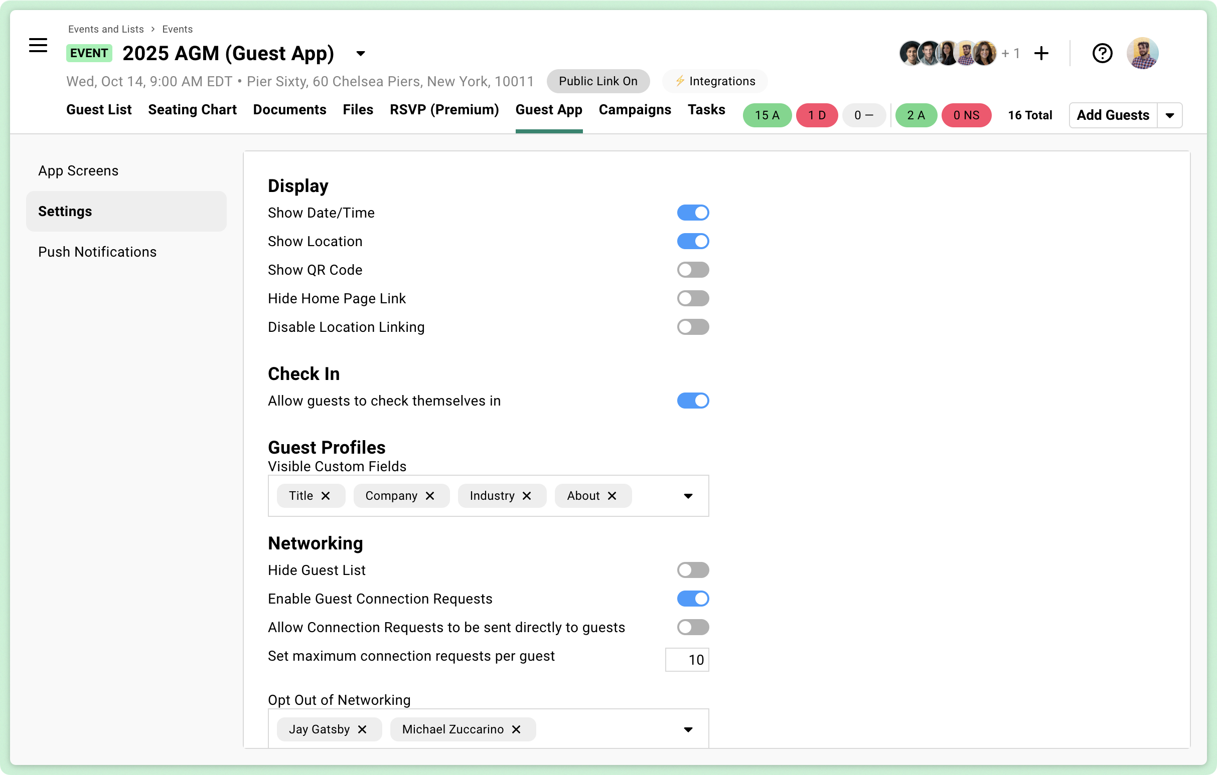 App Settings toggles and options