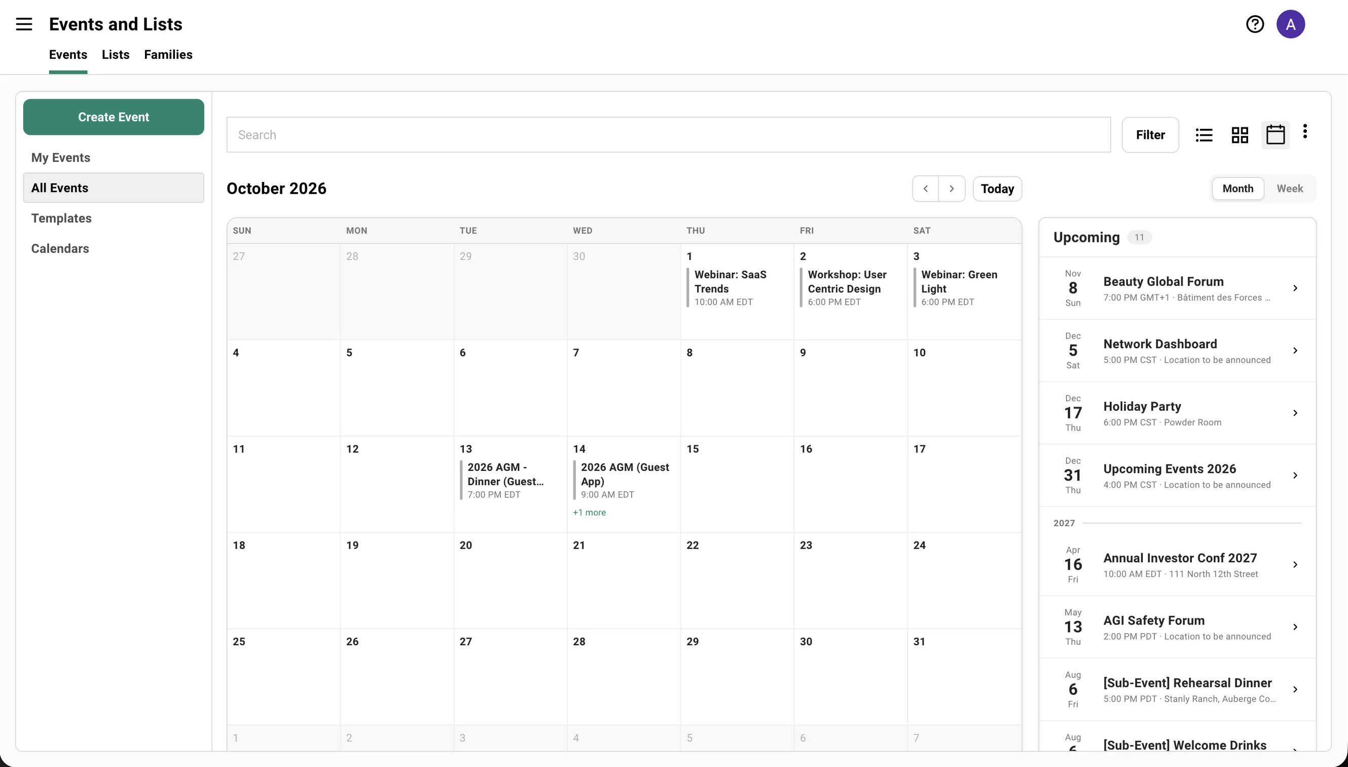 The Events dashboard in calendar view: a month grid of events color-coded by tag with an Upcoming rail on the right