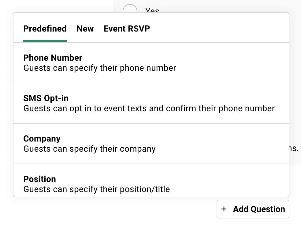 The Add Question menu in the survey builder, open on the Predefined tab, listing Phone Number, SMS Opt-in with the description Guests can opt in to event texts and confirm their phone number, Company, and Position.