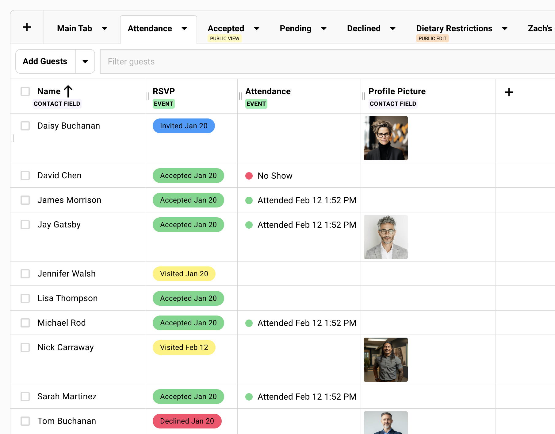 Showing the attendance column on a guest list.
